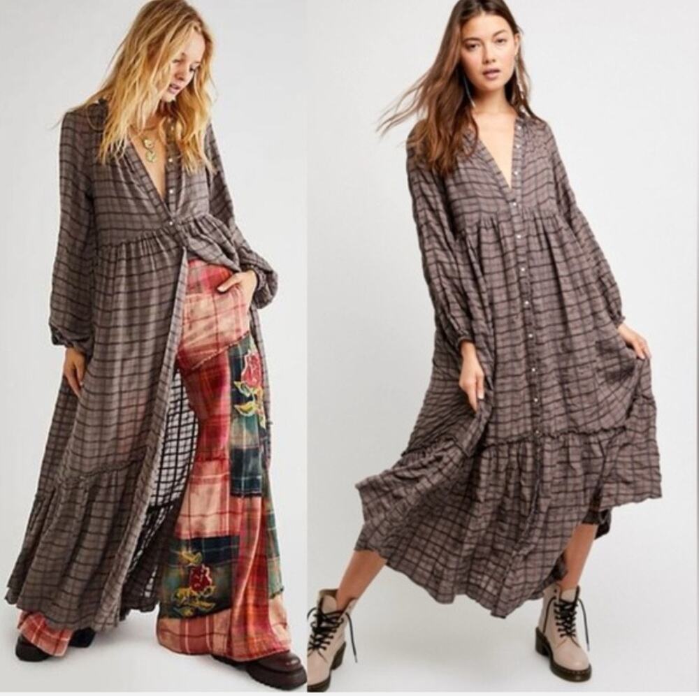 Free People Edie Maxi Dress Size XS Brown Plaid Tiered Button Front Boho